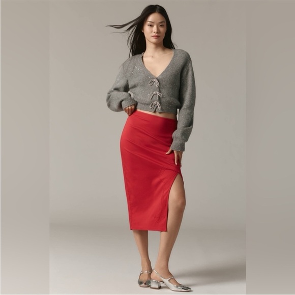 NWT! Anthropologie Red Maeve Bow Midi Pencil Skirt - Multiple 🥐 - Picture 1 of 8